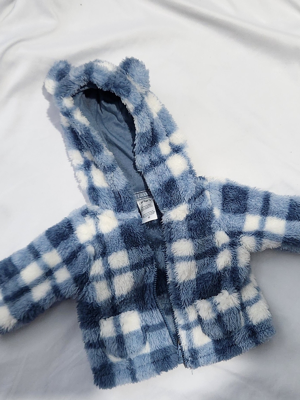 Carter's Blue and White Plush Check Hooded Jacket